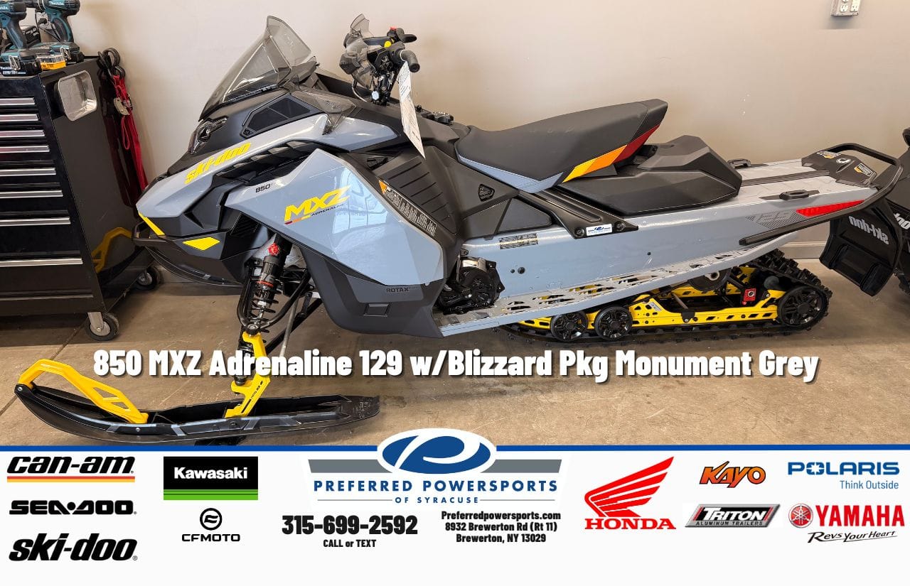 New SkiDoo 850 MXZ Adrenaline 129 wBlizzard Pkg Monument Grey 2026