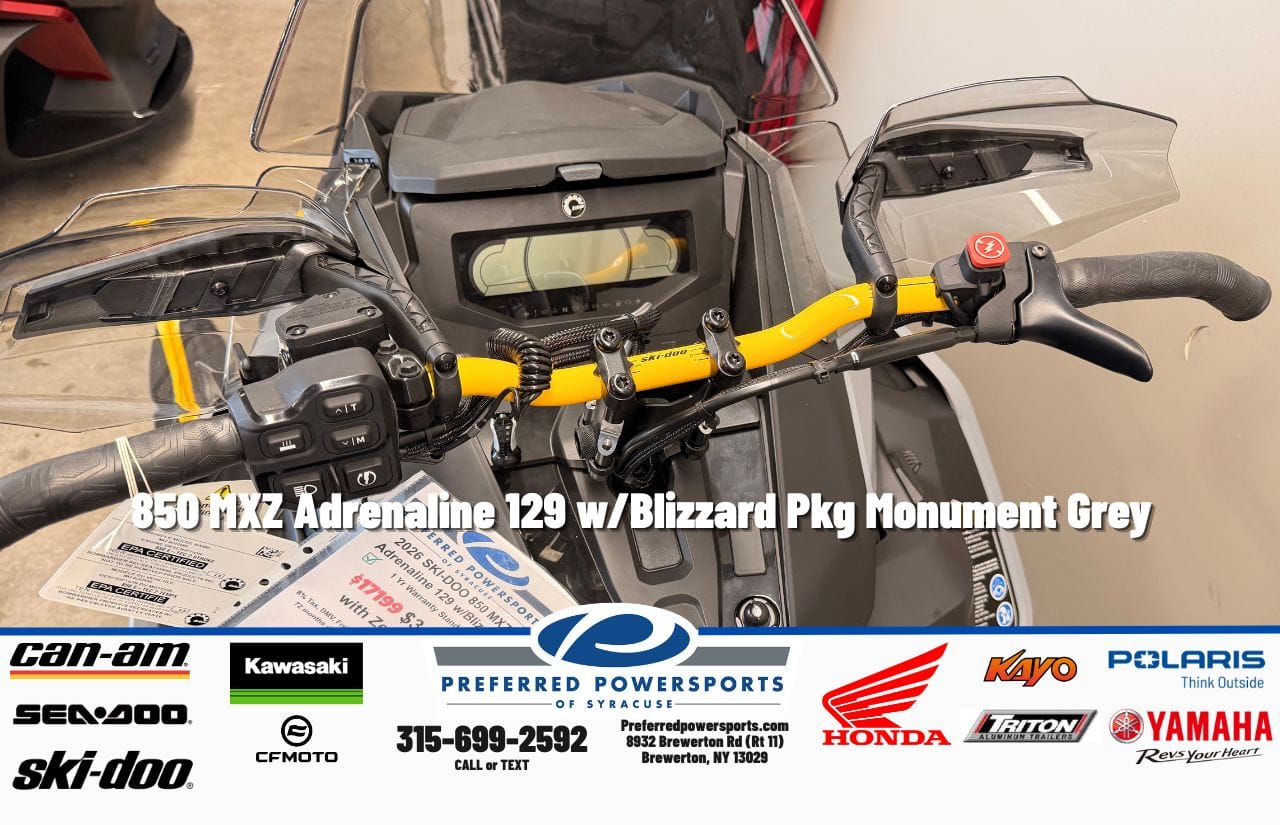 New SkiDoo 850 MXZ Adrenaline 129 wBlizzard Pkg Monument Grey 2026